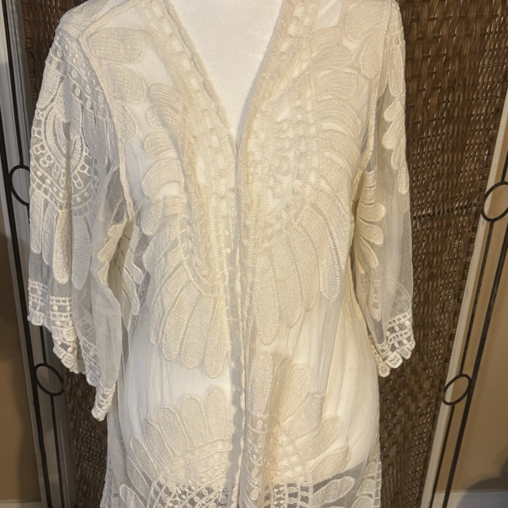 Rebellion Again Sz S Ivory Lace Sheer Kimono Duster Cardigan Boho Embroidered - Picture 2 of 12